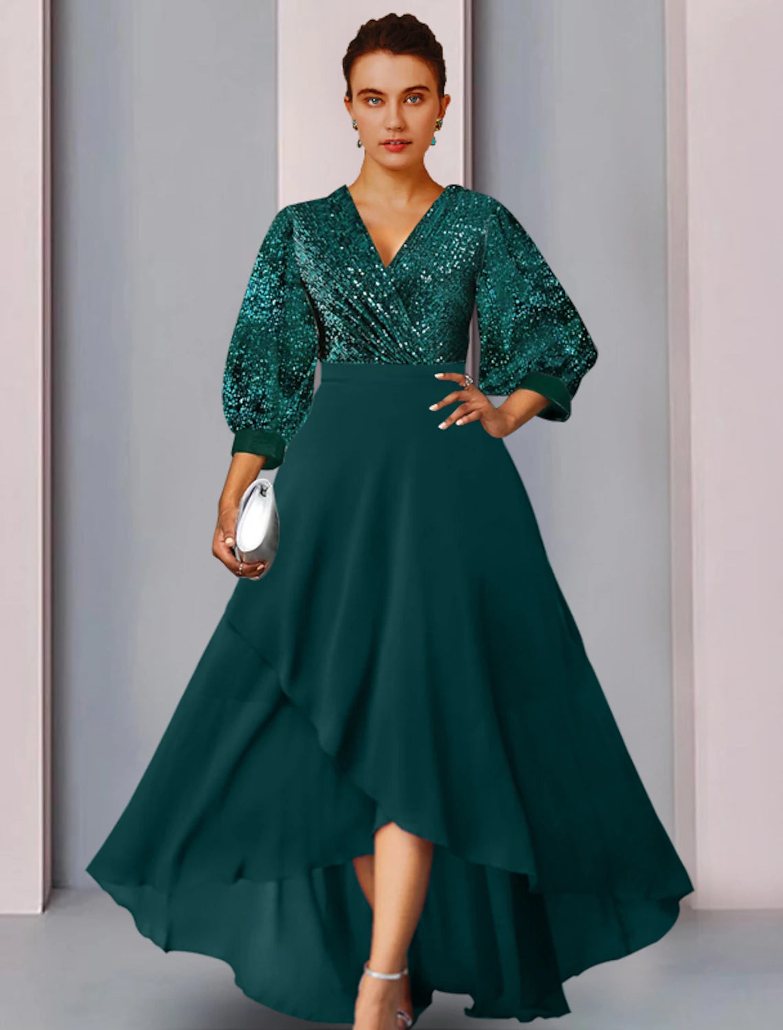 Wholesale  Sheath / Column Mother of the Bride Dress Wedding Guest Elegant Sparkle & Shine V Neck Asymmetrical Chiffon Lace Long Sleeve with Pleats Sequin