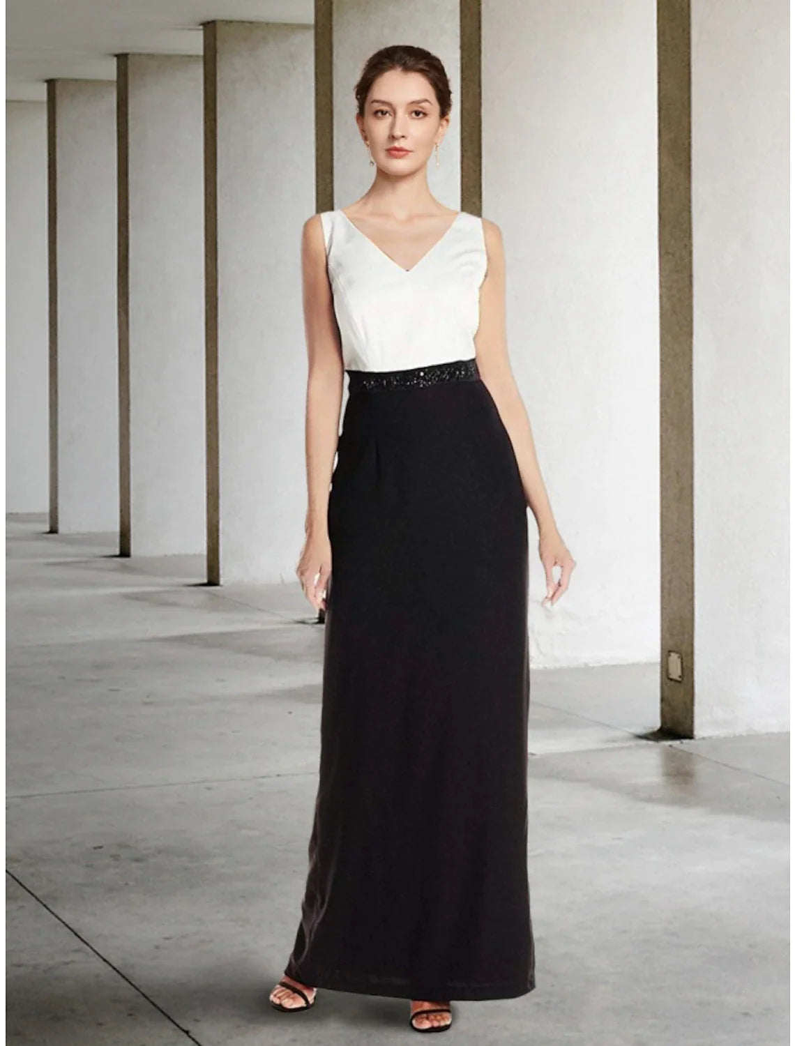 Wholesale Two Piece Sheath / Column Mother of the Bride Dress Wedding Guest Elegant Black Dress V Neck Ankle Length Stretch Chiffon Half Sleeve with Sequin Split Front Ruching