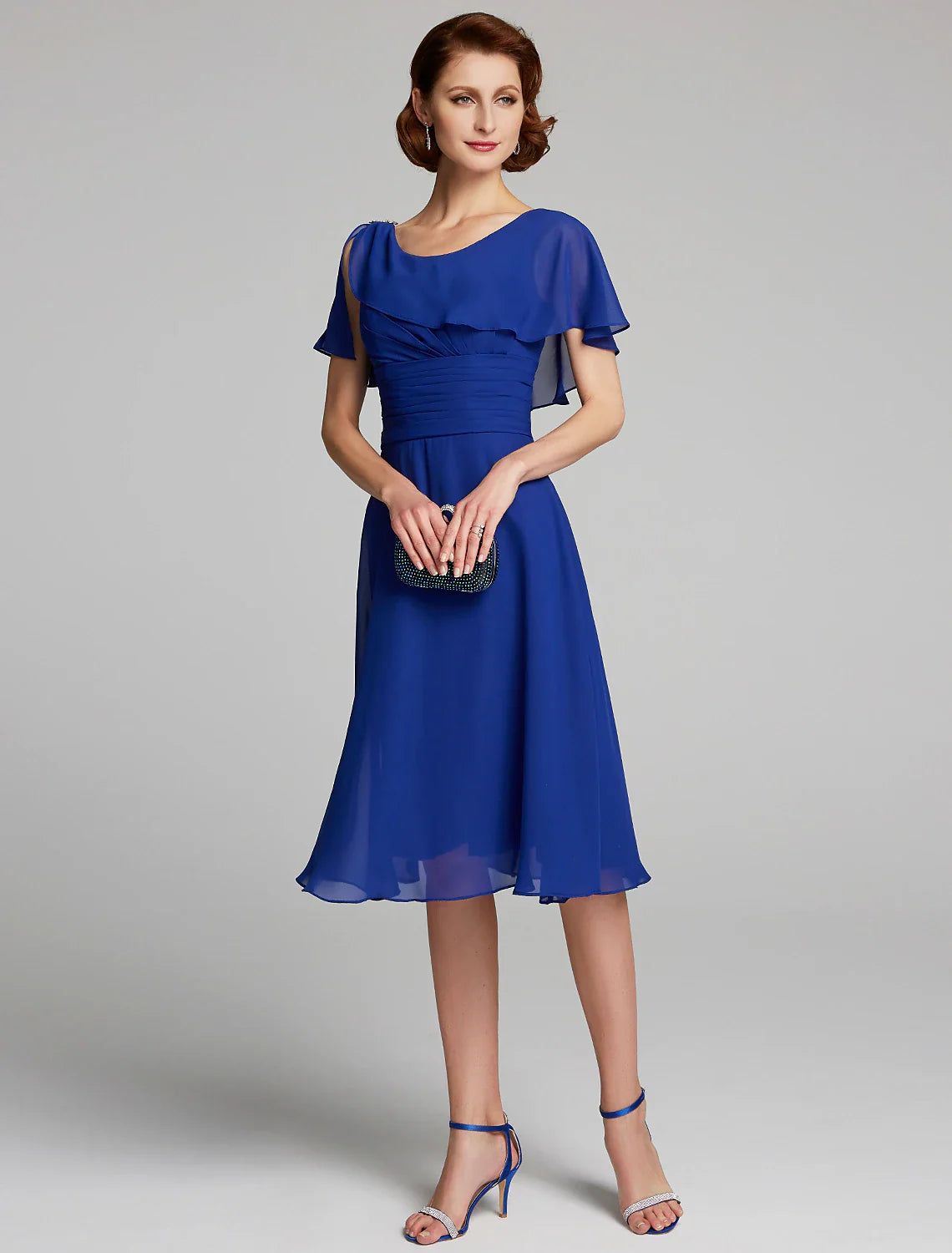 Wholesale A-Line Mother of the Bride Dress Cowl Neck Knee Length Chiffon Short Sleeve with Ruffles