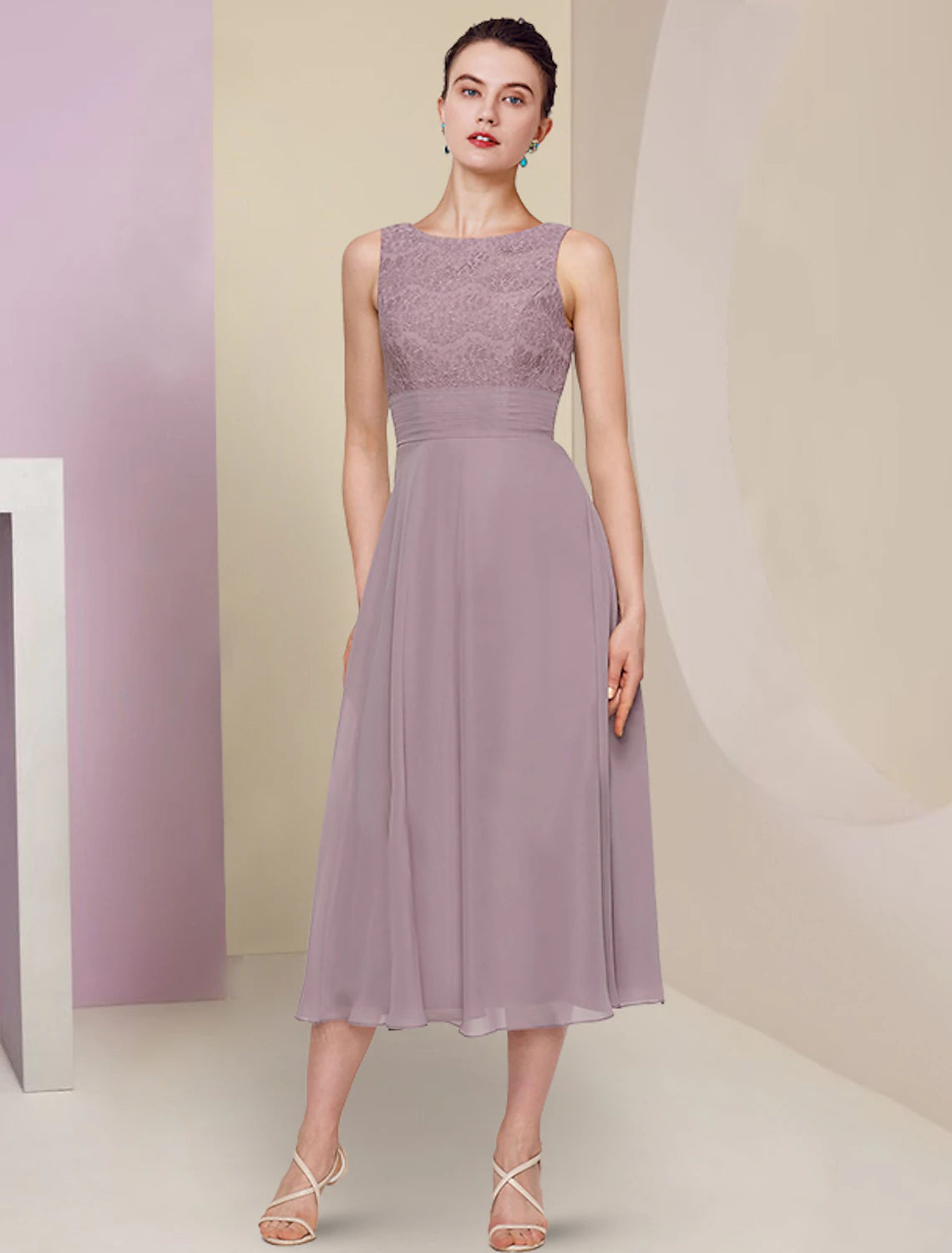 Wholesale  Two Piece Mother of the Bride Dress Wedding Guest Church Elegant Jewel Neck Tea Length Chiffon Lace Half Sleeve with Solid