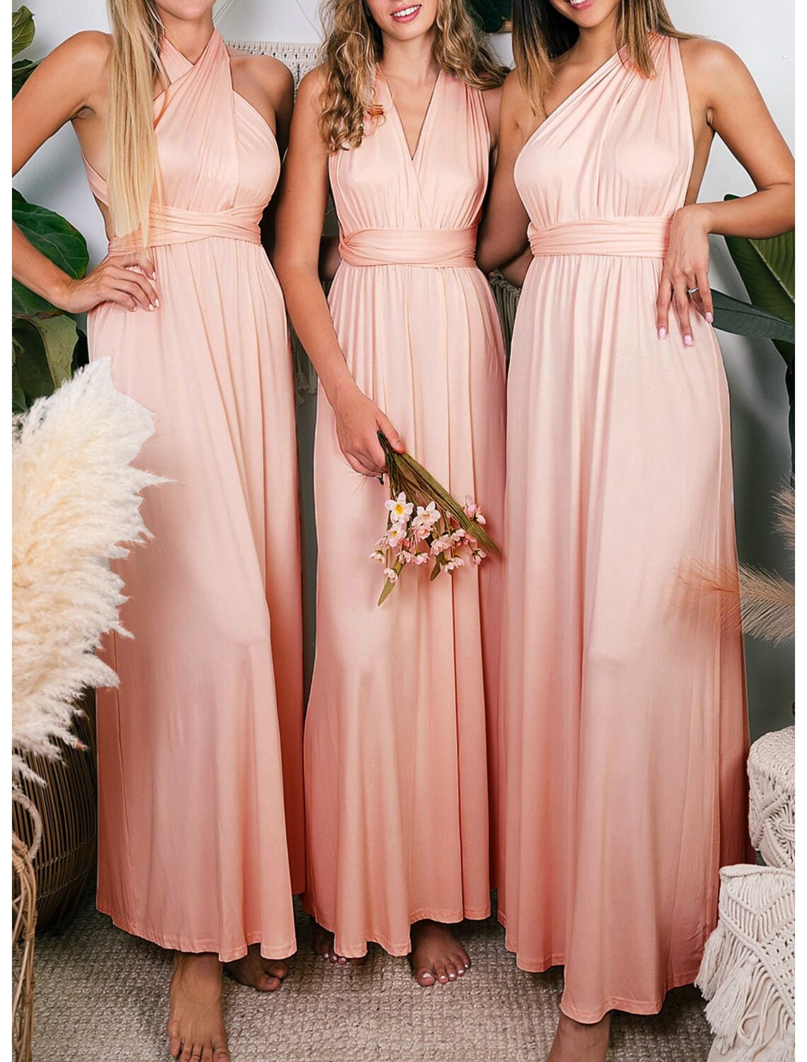 Wholesale Sheath / Column Bridesmaid Dress Halter Sleeveless Convertible Ankle Length Spandex with Pleats / Solid Color