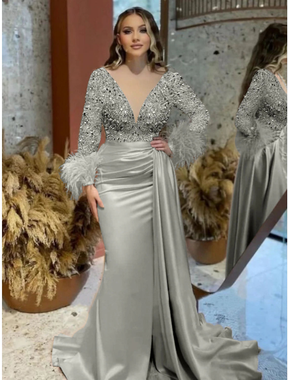 Wholesale Mermaid Plus Size Dress Champagne Satin Evening Gown Sparkle Sequin Dress Walk Through Formal Wedding Court Train Long Sleeve V Neck with Feather Glitter Ruched