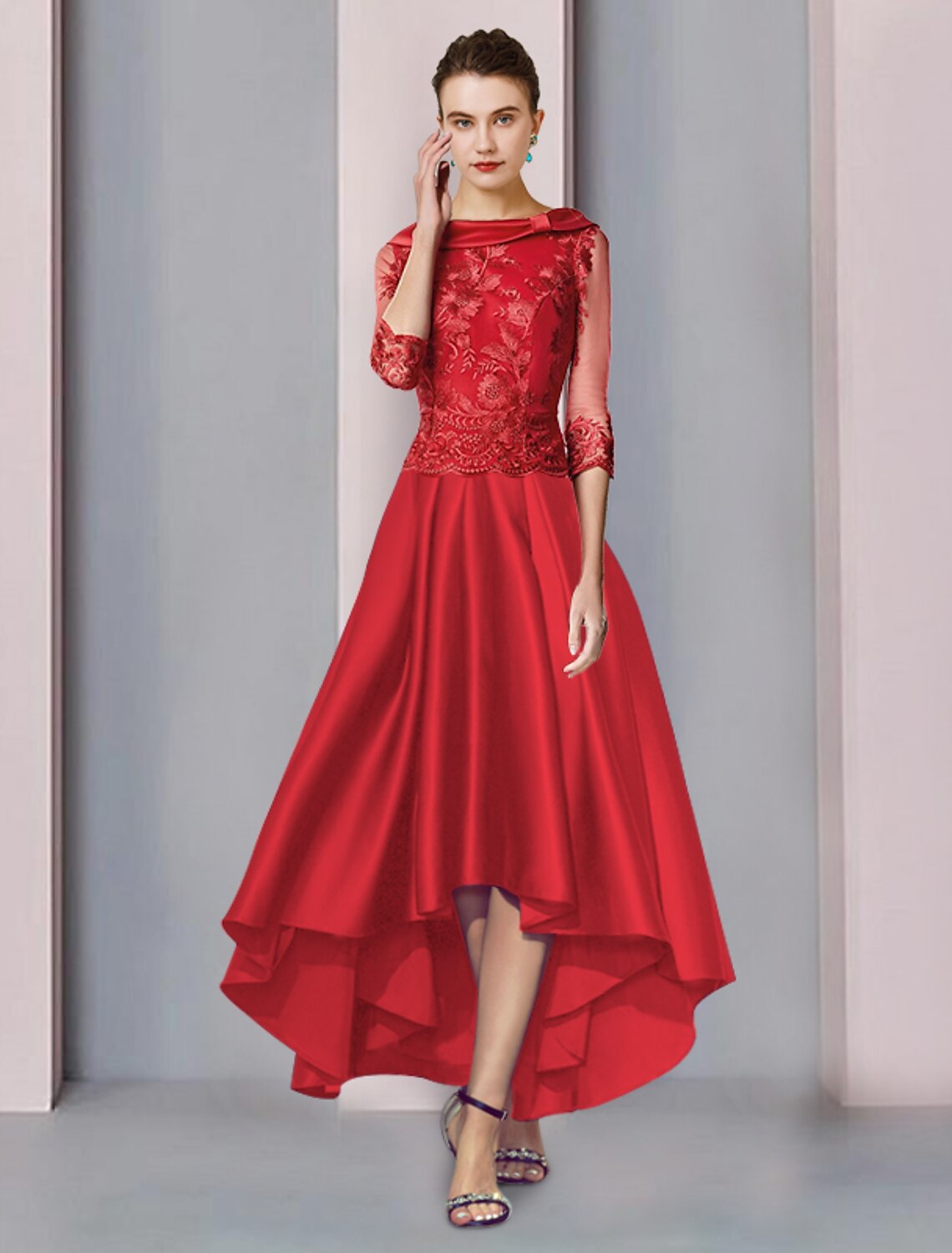 Wholesale  A-Line Mother of the Bride Dress Formal Wedding Guest Elegant High Low Scoop Neck Asymmetrical Tea Length Satin Lace 3/4 Length Sleeve with Appliques Ruching