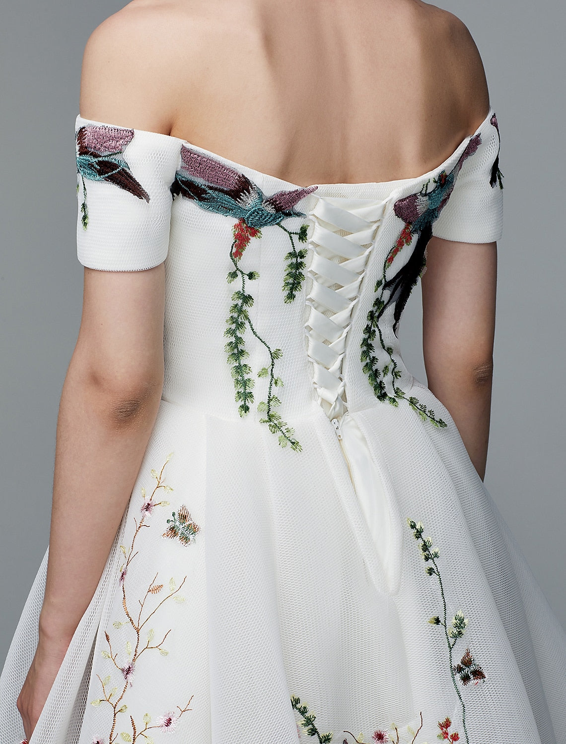 Wholesale Ball Gown Cute Dress Wedding Guest Cocktail Party Asymmetrical Short Sleeve Off Shoulder Polyester with Embroidery