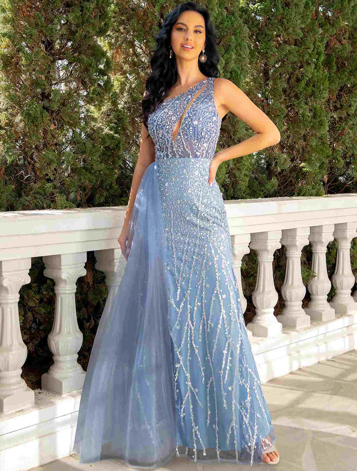 Wholesale  Mermaid / Trumpet Evening Gown Cut Out Dress Wedding Party Floor Length Sleeveless One Shoulder Tulle with Sequin