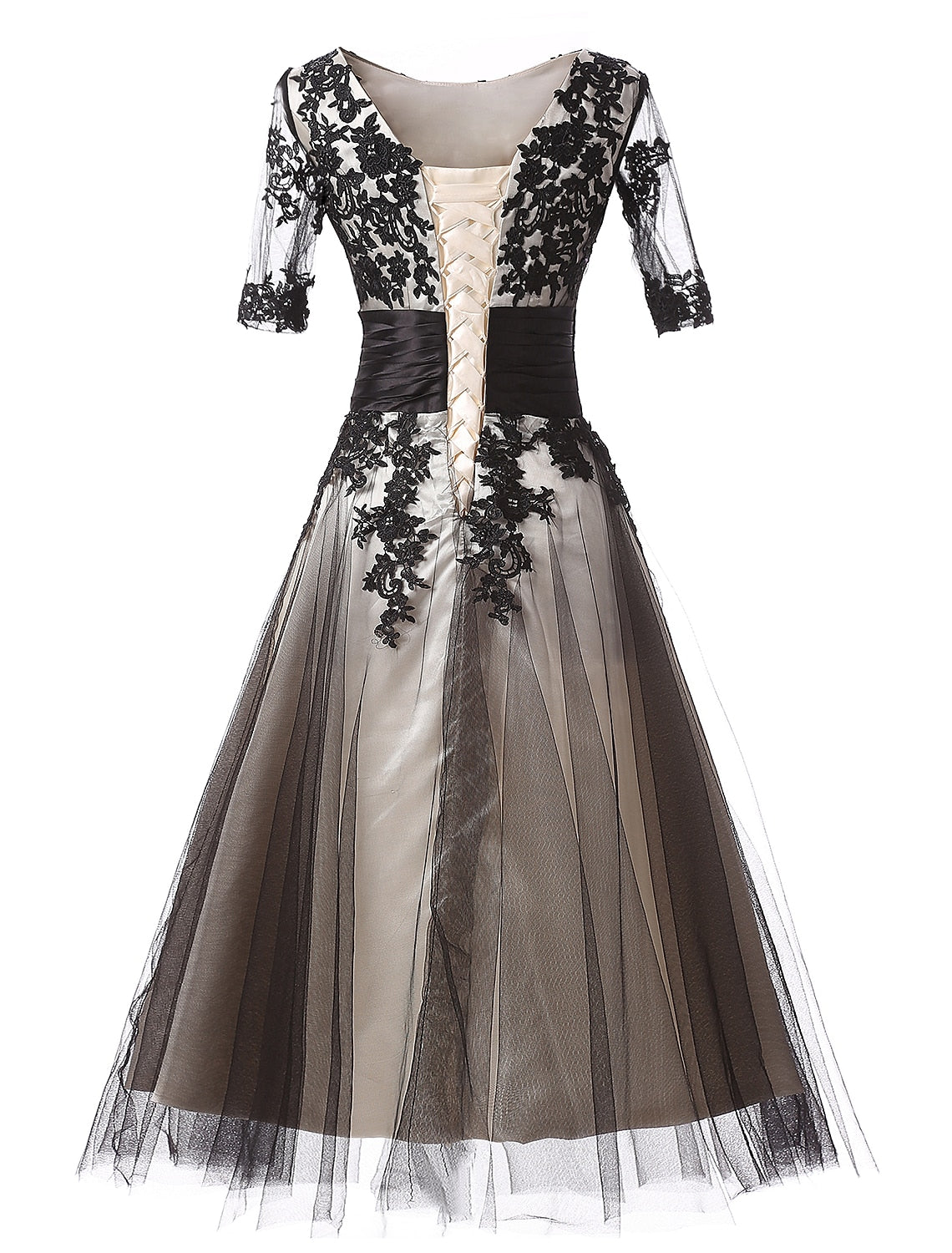 Wholesale Ball Gown Evening Gown Color Block Dress Formal Evening Ankle Length Half Sleeve Jewel Neck Fall Wedding Guest Lace with Lace Insert Appliques