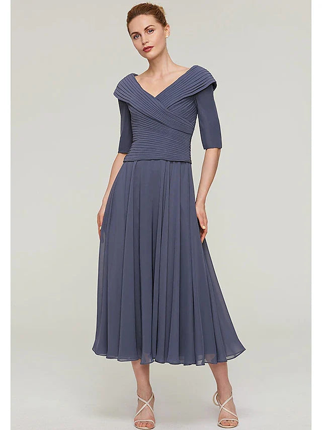 Wholesale A-Line Mother of the Bride Dress Plus Size V Neck Ankle Length Chiffon Half Sleeve with Pleats