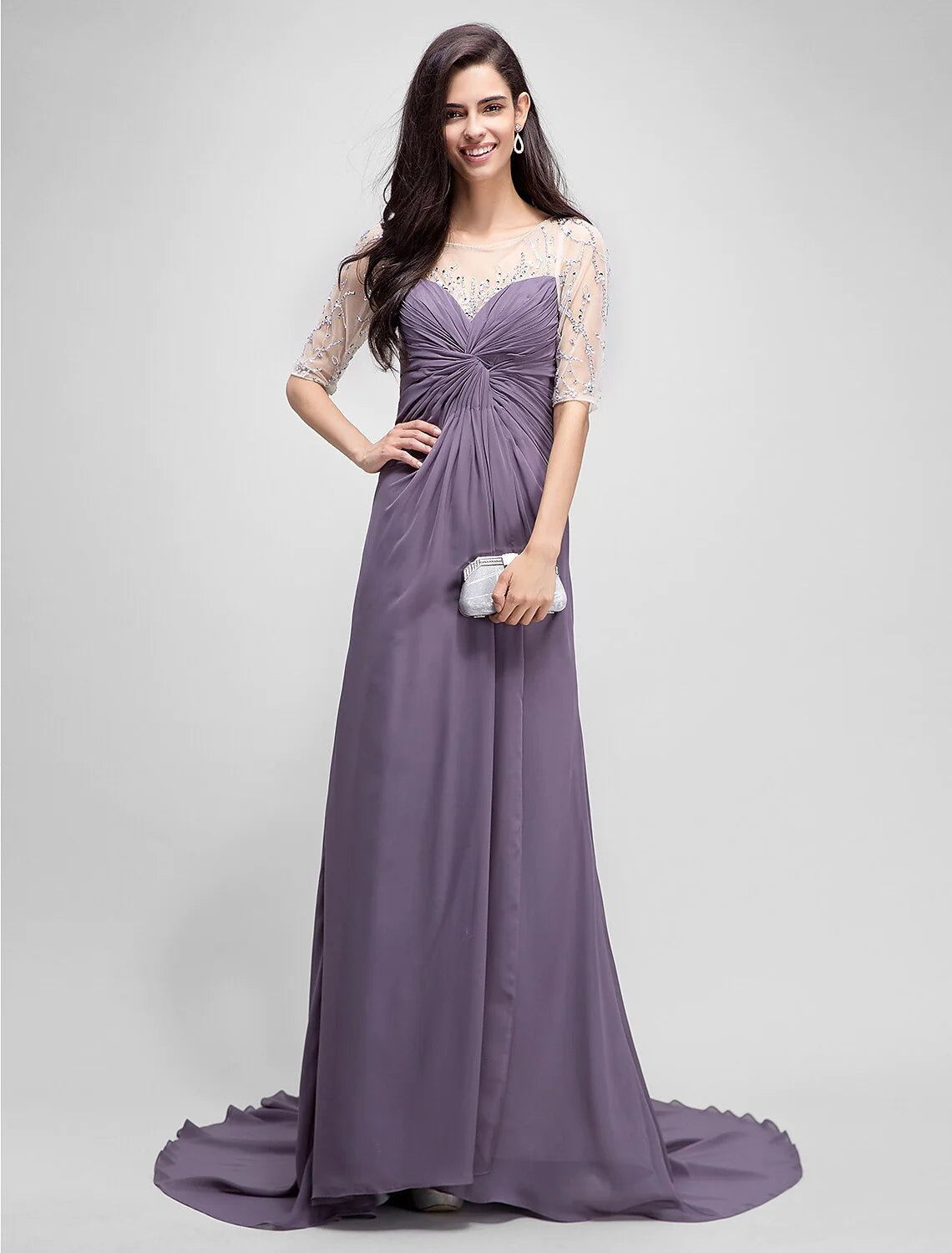 Wholesale A-Line Mother of the Bride Dress Elegant Scoop Neck Floor Length Chiffon Half Sleeve No with Criss Cross Beading