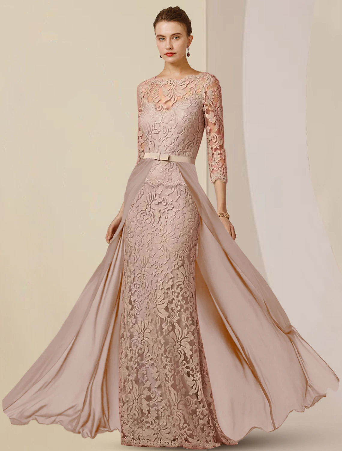 Wholesale Sheath / Column Mother of the Bride Dress Formal Wedding Guest Elegant Party Scoop Neck Floor Length Chiffon Lace 3/4 Length Sleeve with Bow(s) Appliques