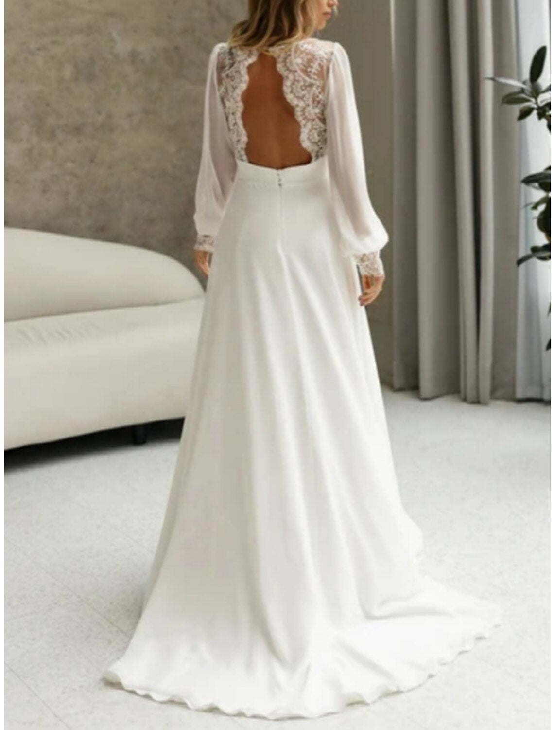Wholesale Beach Simple Wedding Dresses Formal Wedding Dresses A-Line Illusion Neck Long Sleeve Floor Length Tulle Bridal Gowns With Ruched Beading