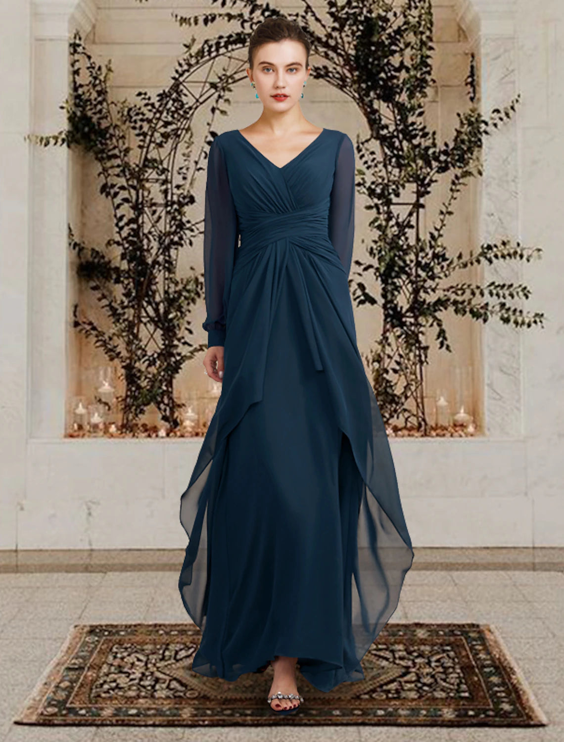 Wholesale  A-Line Mother of the Bride Dress Wedding Guest Plus Size Elegant V Neck Floor Length Chiffon Long Sleeve with Ruched Ruffles Side-Draped Fall