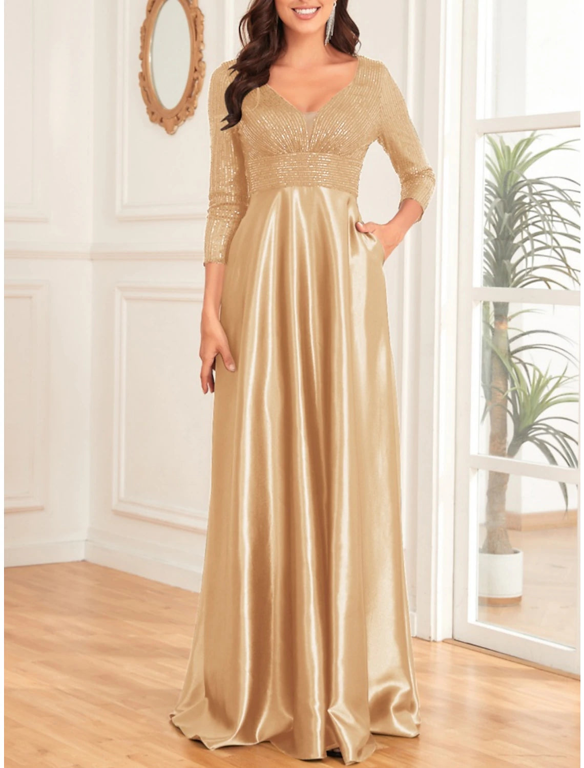 Wholesale A-Line Mother of the Bride Dress Wedding Guest Elegant V Neck Floor Length Satin 3/4 Length Sleeve with Sequin Ruching