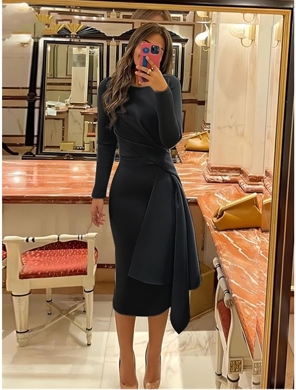Wholesale Sheath / Column Cocktail Dresses Elegant Dress Formal Fall Knee Length Long Sleeve Jewel Neck Stretch Fabric with Pleats Ruched