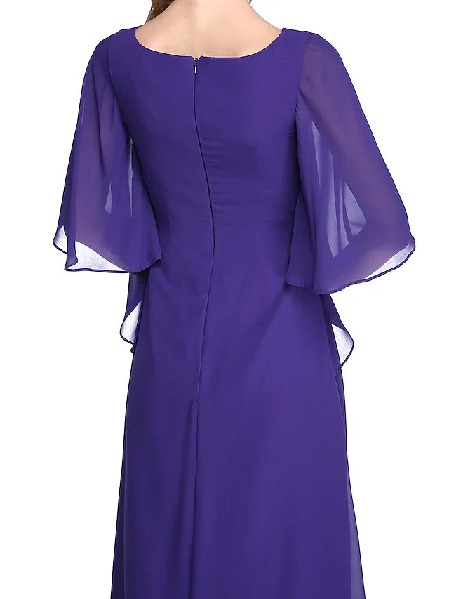 Wholesale Sheath / Column Mother of the Bride Dress Elegant Open Back Jewel Neck Floor Length Chiffon Half Sleeve with Pleats Beading Ruffle
