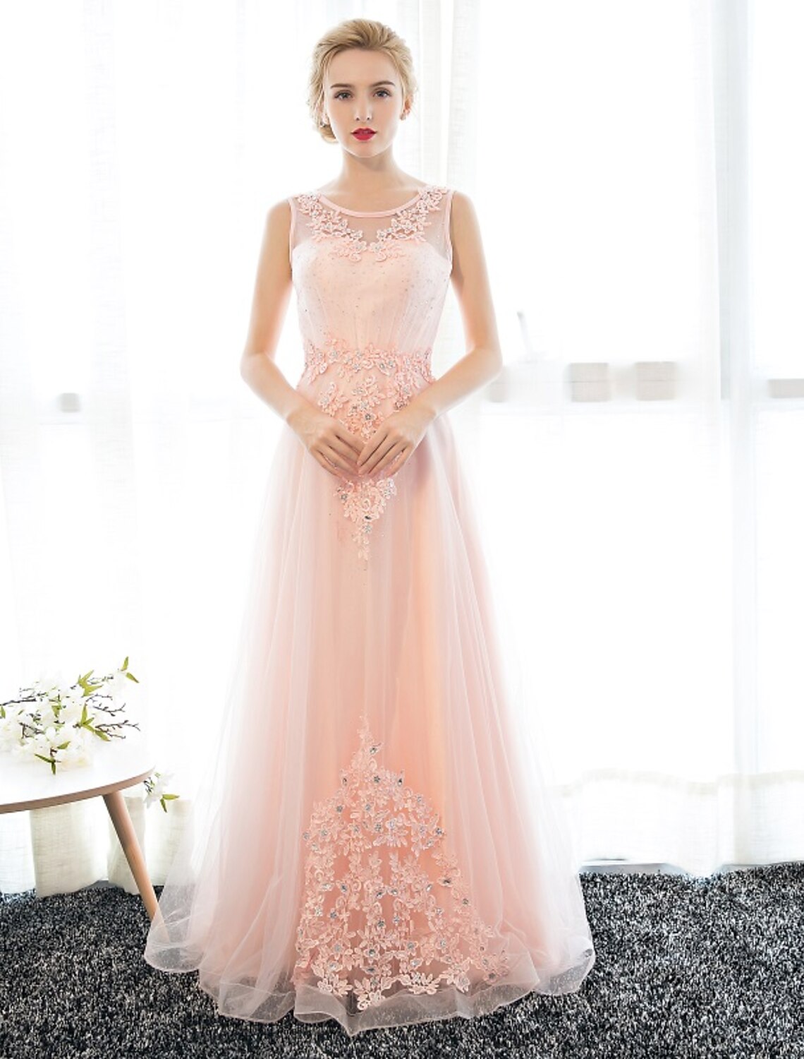 Wholesale  Sheath / Column Dress Wedding Guest Prom Floor Length Sleeveless Illusion Neck Satin with Crystals Appliques