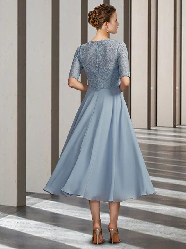 Wholesale A-Line Mother of the Bride Dress Elegant Jewel Neck Tea Length Chiffon Lace Short Sleeve with Ruching