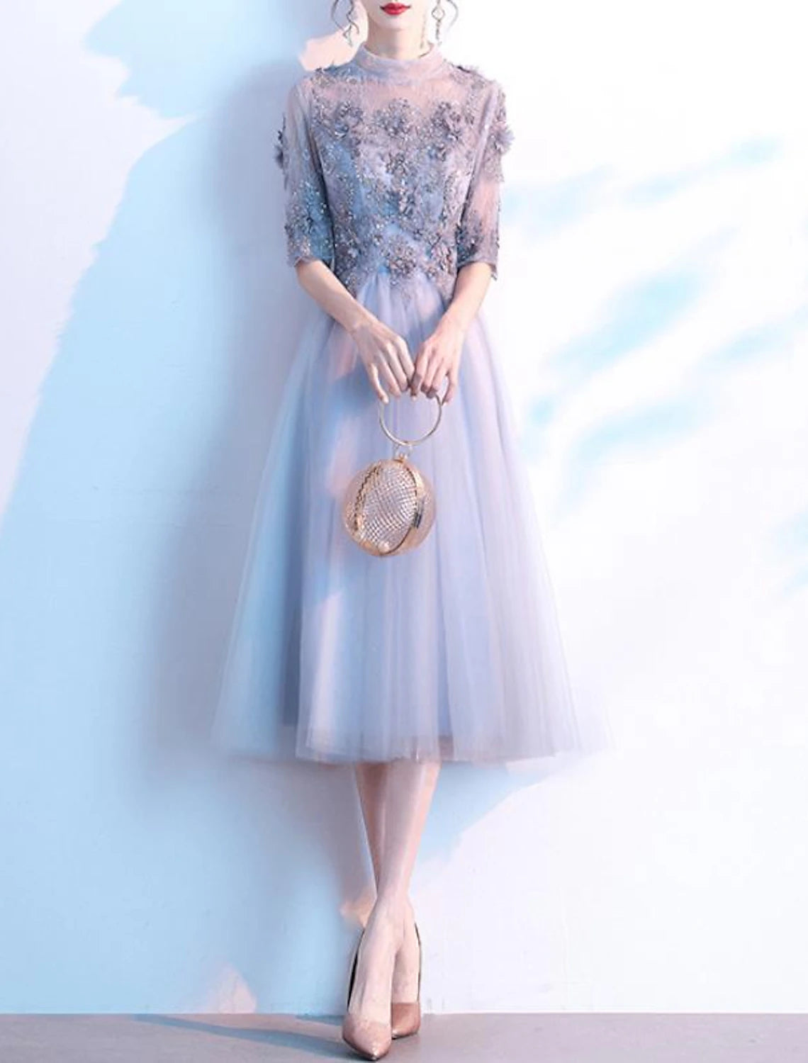 Wholesale A-Line Cocktail Dresses Floral Dress Party Wear Wedding Guest Knee Length Half Sleeve High Neck Lace with Pleats Sequin Appliques