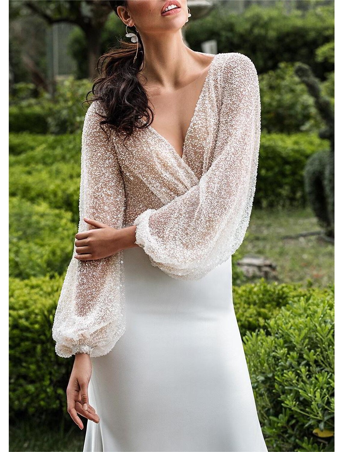 Wholesale Formal Wedding Dresses Mermaid / Trumpet V Neck Long Sleeve Sweep / Brush Train Sequined Bridal Gowns With Beading Solid Color