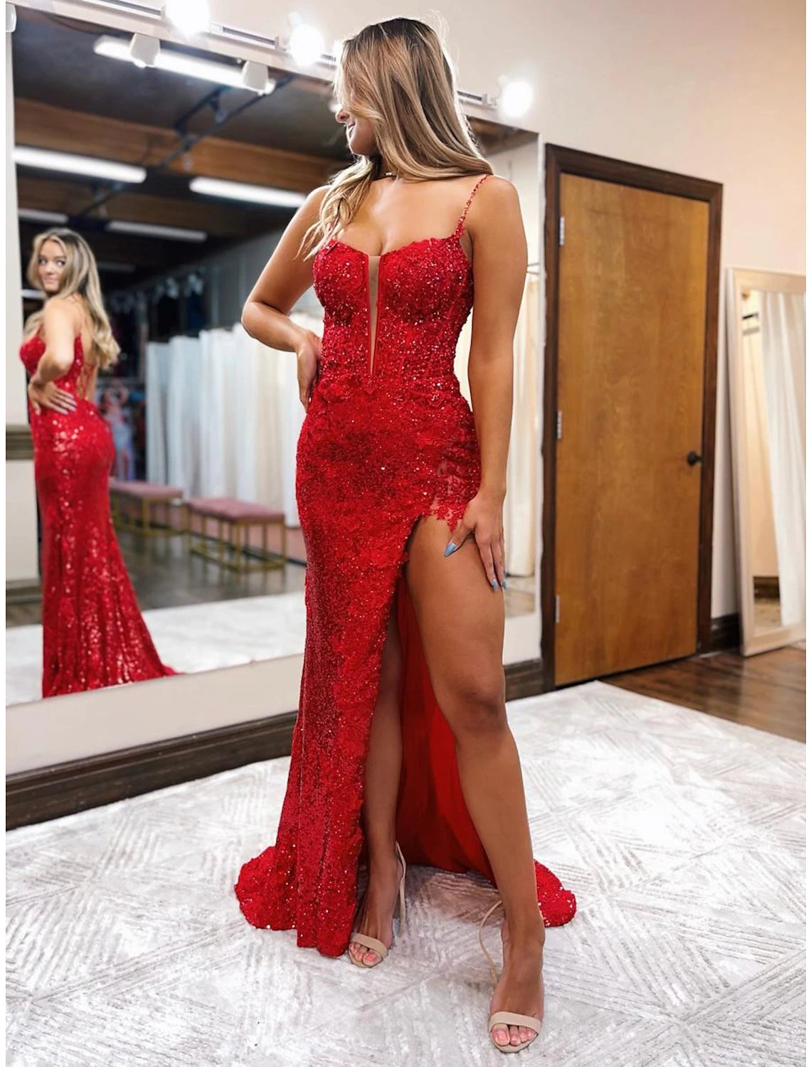 Wholesale  Mermaid / Trumpet Prom Dresses Sparkle & Shine Dress Formal Wedding Party Sweep / Brush Train Sleeveless Spaghetti Strap Sequined Backless with Beading Sequin Slit