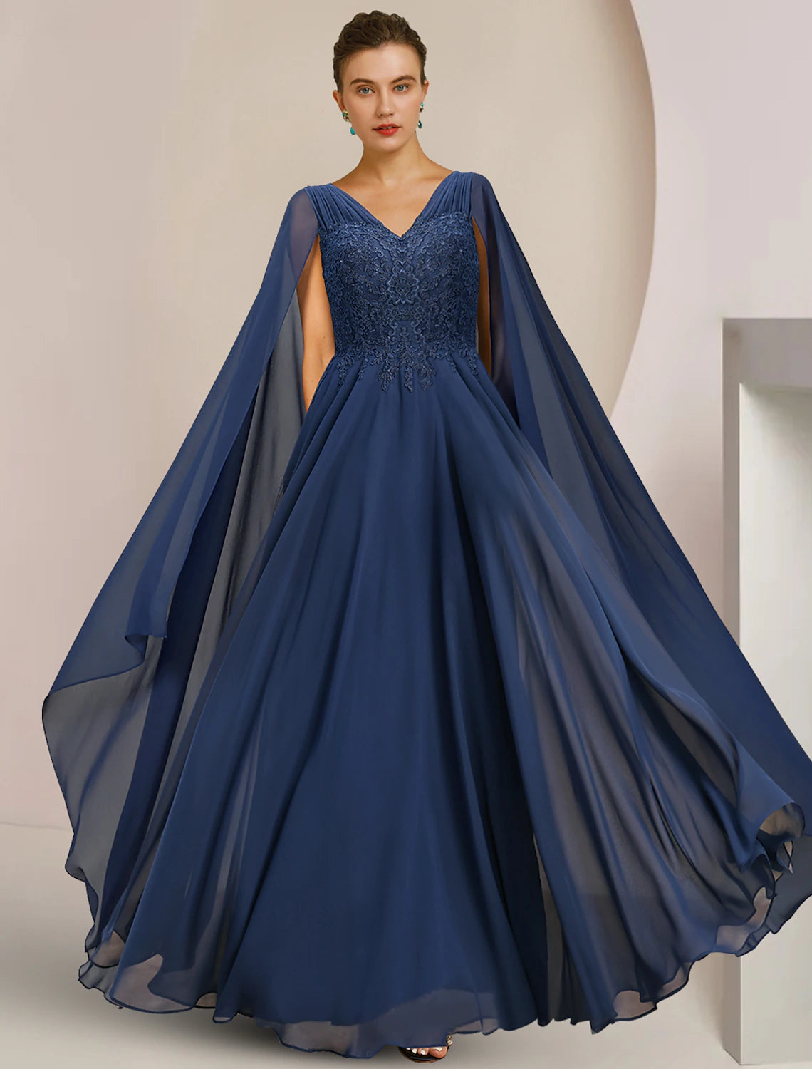 Wholesale A-Line Mother of the Bride Dress Formal Wedding Guest Elegant V Neck Floor Length Chiffon Lace Sleeveless with Pleats Appliques