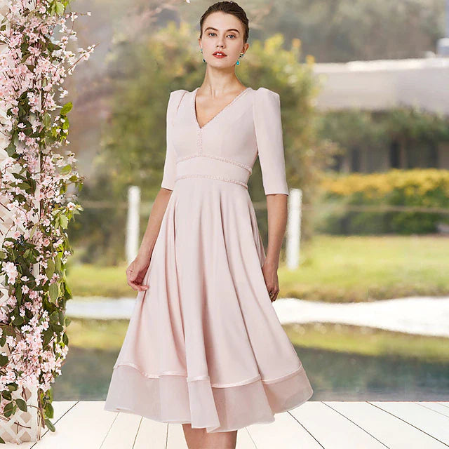 Wholesale A-Line Mother of the Bride Dress Elegant V Neck Tea Length Stretch Chiffon Half Sleeve with Beading Solid Color