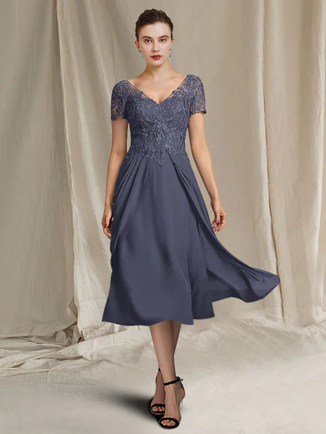Wholesale A-Line Mother of the Bride Dress Plus Size Elegant V Neck Tea Length Chiffon Lace Short Sleeve Wrap Included with Appliques