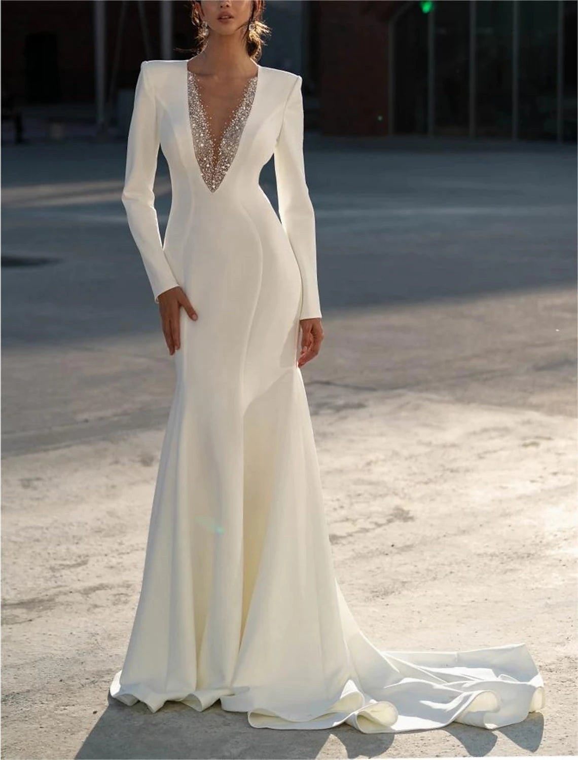 Wholesale Formal Wedding Dresses Mermaid / Trumpet V Neck Long Sleeve Sweep / Brush Train Chiffon Bridal Gowns With Beading Solid Color