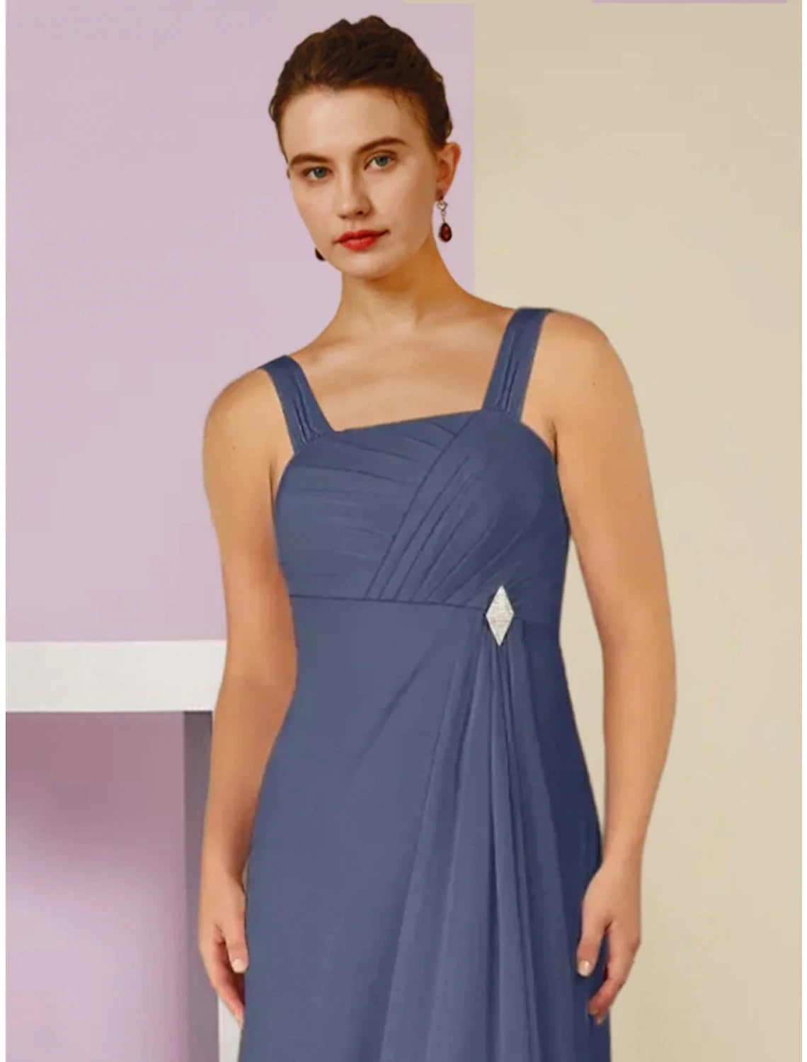 Wholesale A-Line Mother of the Bride Dress Wedding Guest Elegant Square Neck Ankle Length Chiffon Long Sleeve with Crystal Brooch Ruching