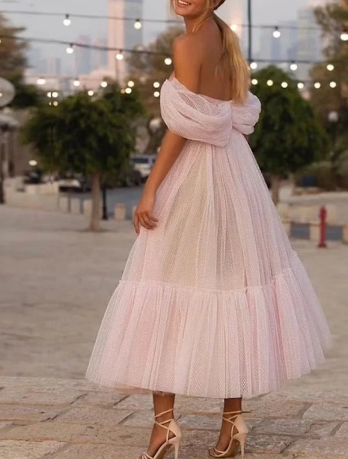 Wholesale A-Line Prom Dresses Princess Dress Wedding Guest Homecoming Ankle Length Short Sleeve Strapless Pink Dress Tulle with Ruched