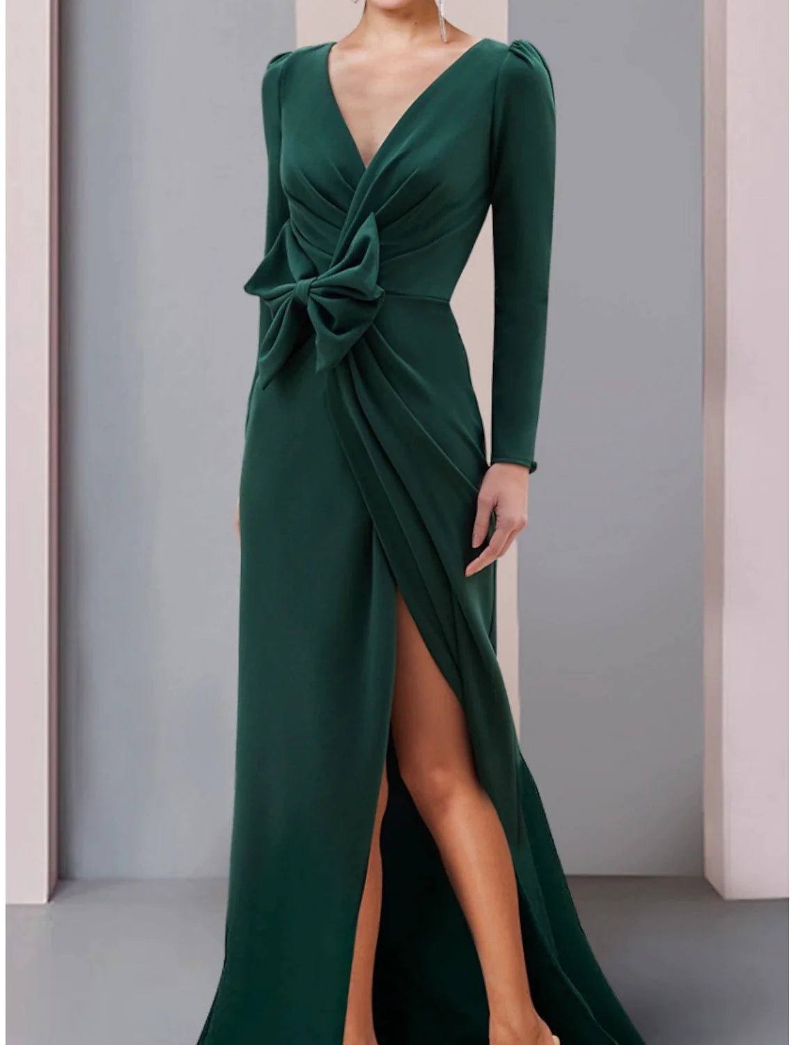Wholesale A-Line Mother of the Bride Dress Wedding Guest Elegant V Neck Sweep / Brush Train Stretch Fabric Long Sleeve with Bow(s) Split Front Ruching