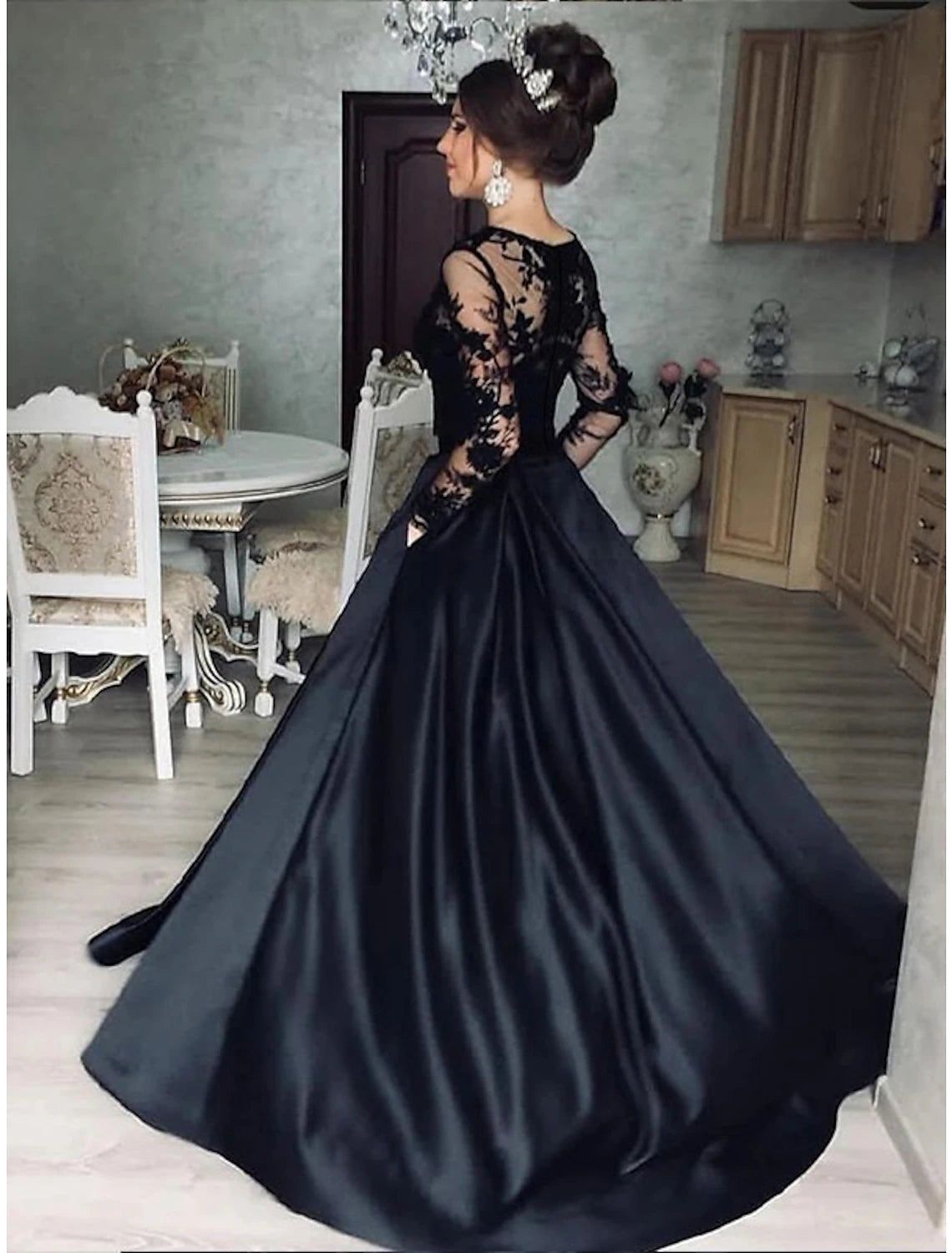 Wholesale Ball Gown Evening Gown Princess Dress Prom Wedding Party Floor Length Long Sleeve Jewel Neck Wednesday Addams Family Satin with Appliques