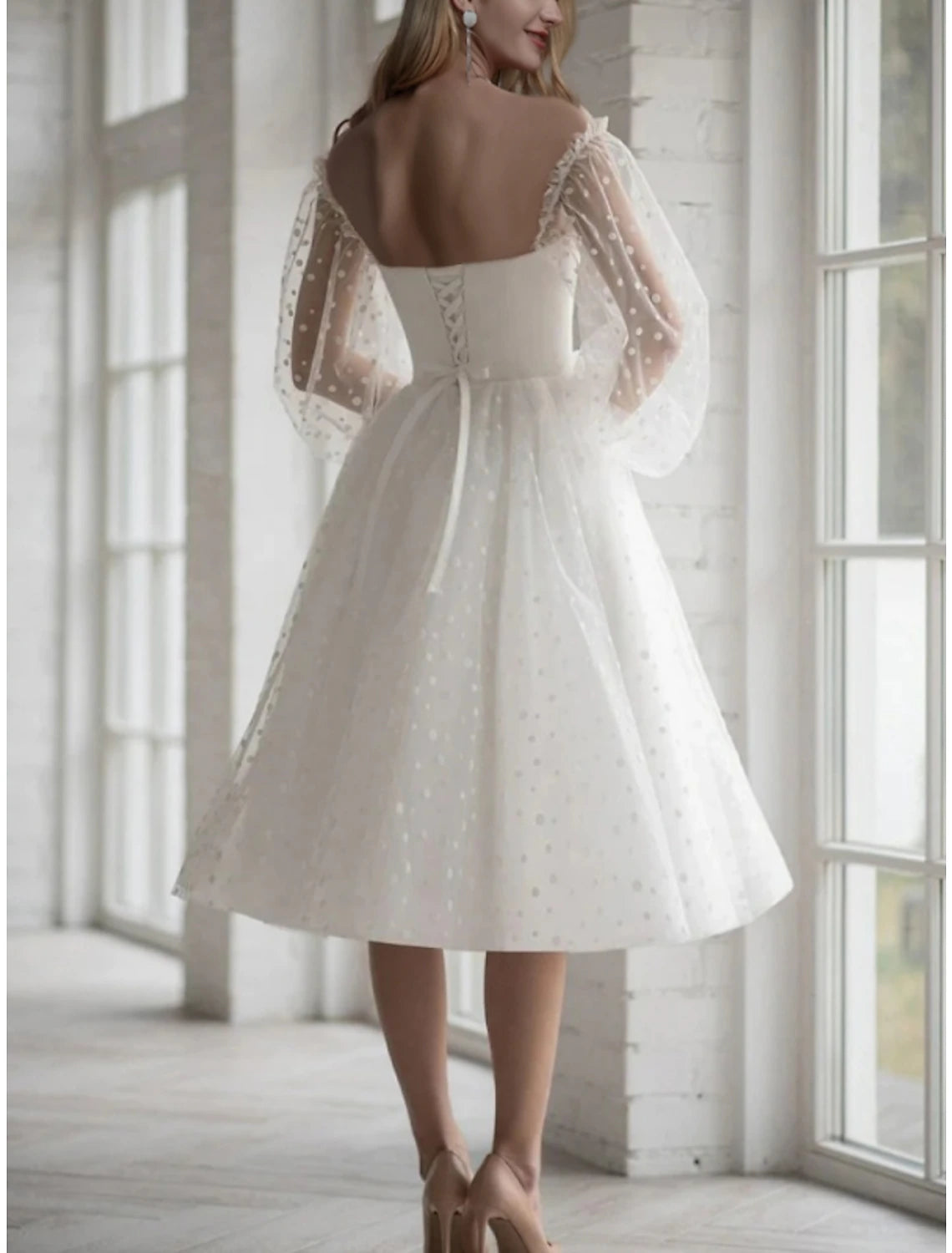 Wholesale Wedding Dresses Ball Gown Sweetheart Long Sleeve Tea Length Tulle Bridal Gowns With Pleats
