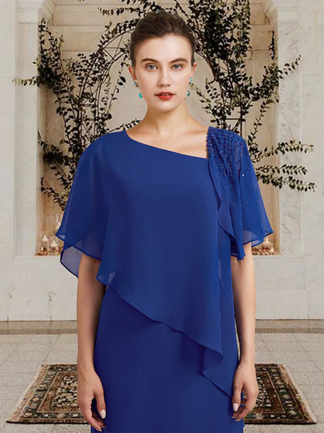 Wholesale Sheath / Column Mother of the Bride Dress Plus Size Elegant Bateau Neck Floor Length Chiffon Short Sleeve with Beading Ruffles