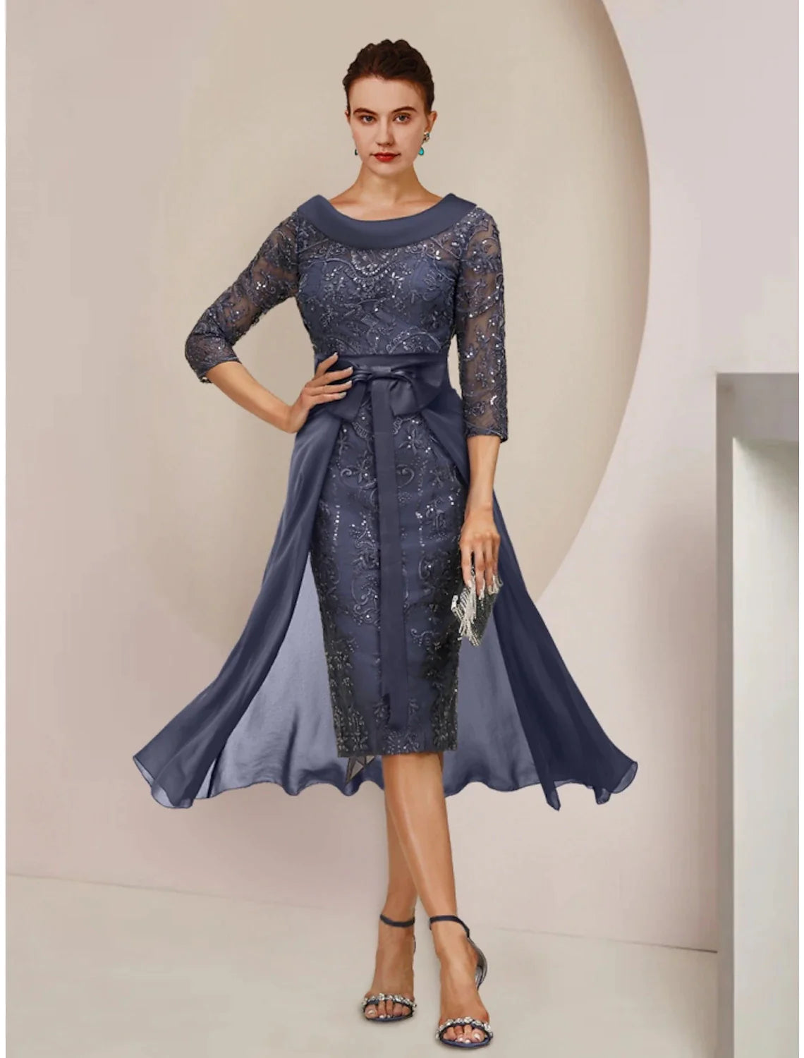 Wholesale A-Line Mother of the Bride Dress Wedding Guest Elegant Petite Scoop Neck Knee Length Stretch Chiffon 3/4 Length Sleeve with Bow(s) Sequin
