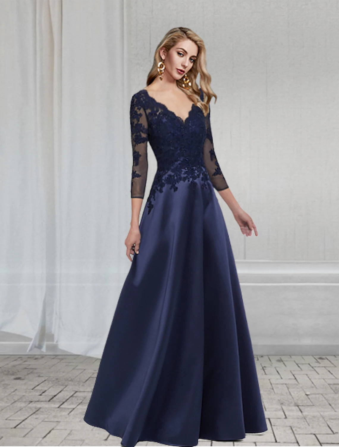 Wholesale A-Line Elegant Wedding Guest Formal Evening Dress V Neck 3/4 Length Sleeve Floor Length Chiffon with Appliques