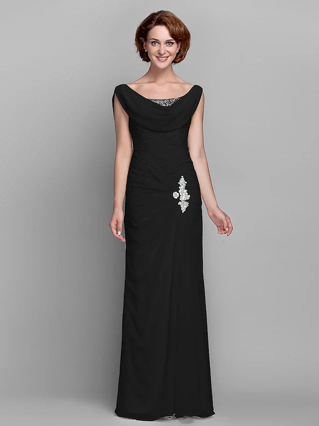 Wholesale Sheath / Column Mother of the Bride Dress Vintage Inspired Cowl Neck Floor Length Chiffon Sleeveless with Buttons Criss Cross Crystals
