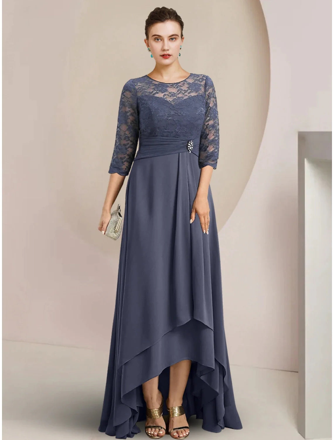 Wholesale A-Line Mother of the Bride Dress Wedding Guest Elegant Jewel Neck Asymmetrical Chiffon Half Sleeve with Lace Crystal Brooch Ruching