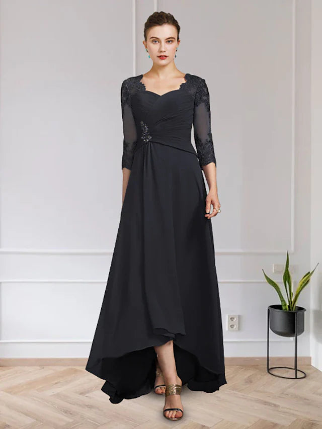 Wholesale A-Line Mother of the Bride Dress Elegant High Low V Neck Asymmetrical Floor Length Chiffon Lace Half Sleeve with Appliques Ruching