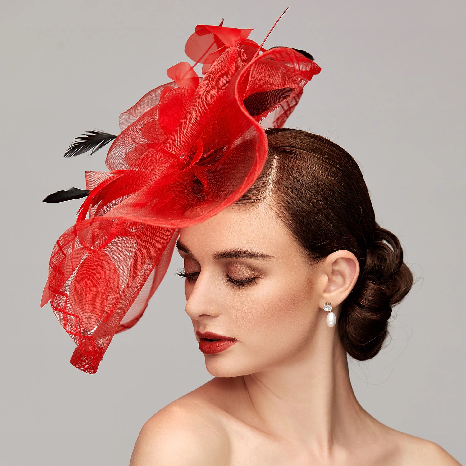 Wholesale Flowers Feather Net Kentucky Derby Hat Fascinators Headpiece with Feather Floral 1PC Horse Race Ladies Day Melbourne Cup Headpiece