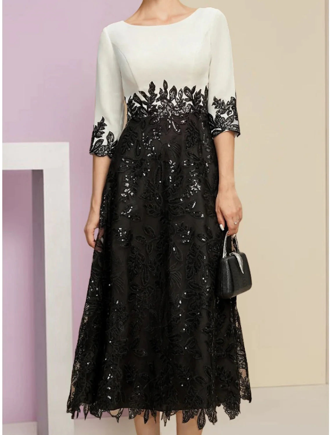 Wholesale A-Line Mother of the Bride Dress Wedding Guest Elegant Scoop Neck Tea Length Stretch Chiffon Half Sleeve with Lace Sequin Ruching