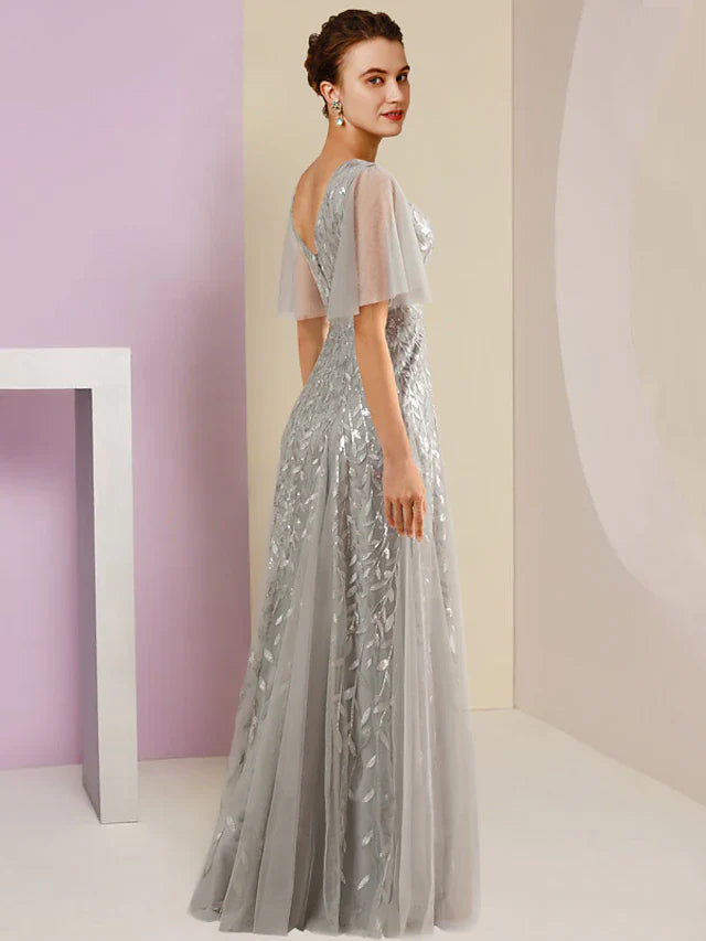 Wholesale Sheath / Column Mother of the Bride Dress Party Sparkle & Shine V Neck Floor Length Lace Tulle Short Sleeve with Pleats Sequin