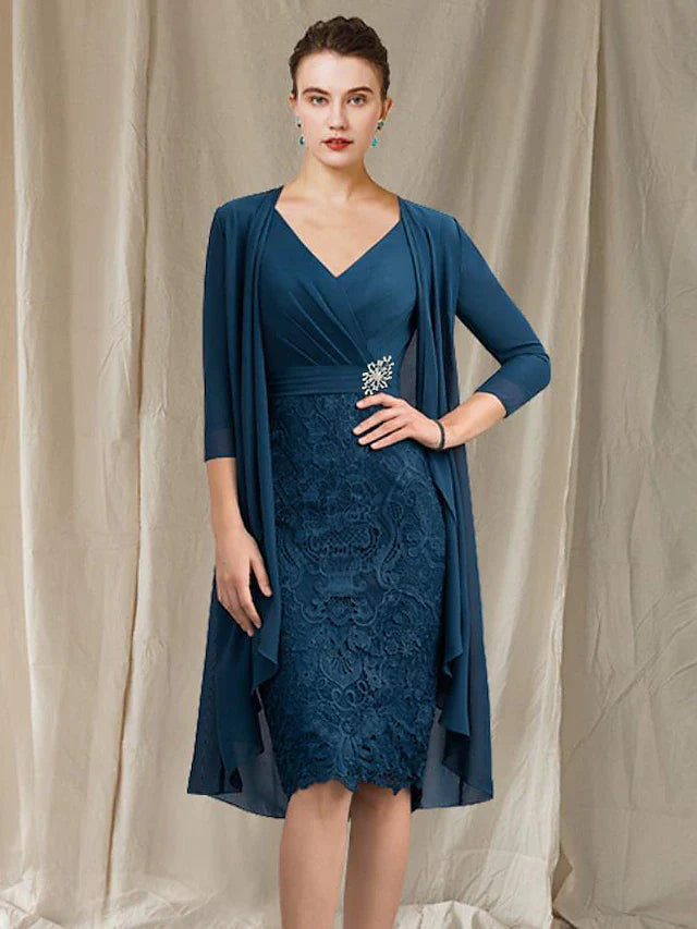Wholesale Two Piece Sheath / Column Mother of the Bride Dress Church Elegant V Neck Knee Length Chiffon Lace Half Sleeve Jacket Dresses with Appliques Crystal Brooch