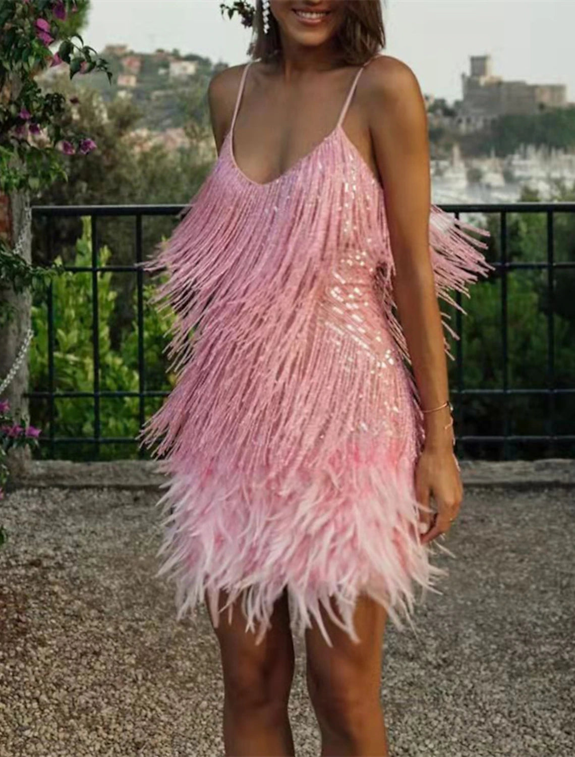Wholesale A-Line Party Dresses Sparkle & Shine Dress Prom Wedding Party Short / Mini Sleeveless Spaghetti Strap Sequined with Feather Fringe Sequin