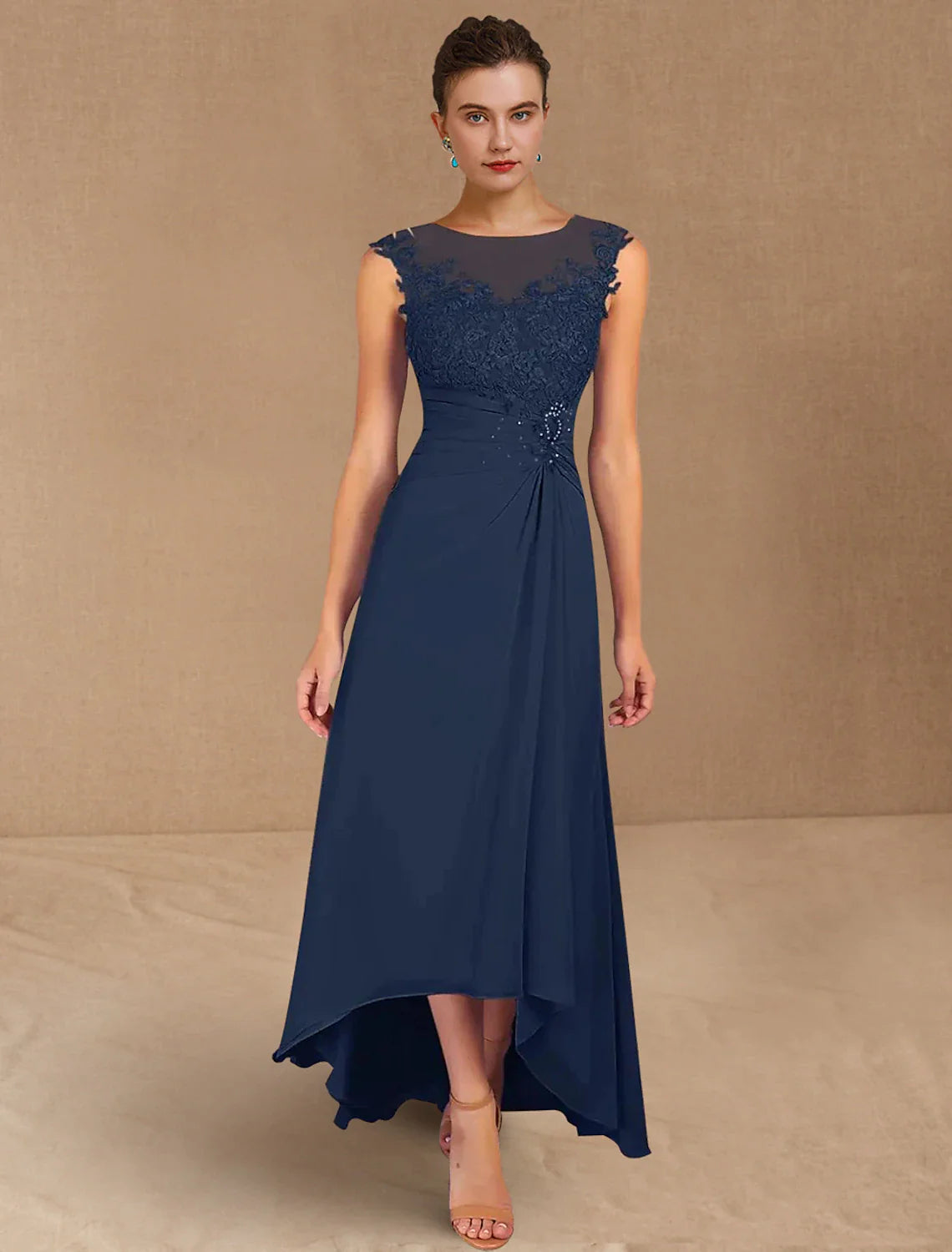 Wholesale A-Line Mother of the Bride Dress Formal Wedding Guest Elegant Jewel Neck Asymmetrical Chiffon Sleeveless with Lace Sequin Ruching