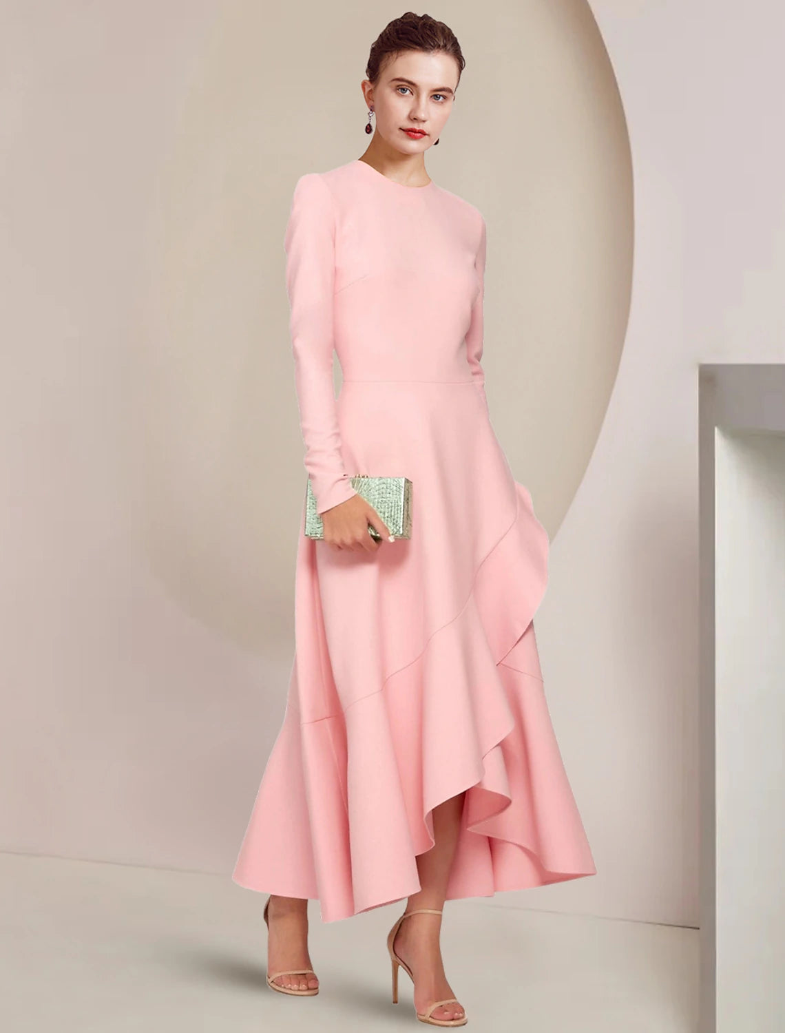 Wholesale  A-Line Mother of the Bride Dress Formal Wedding Guest Elegant High Low Scoop Neck Asymmetrical Ankle Length Stretch Fabric Long Sleeve with Ruffles