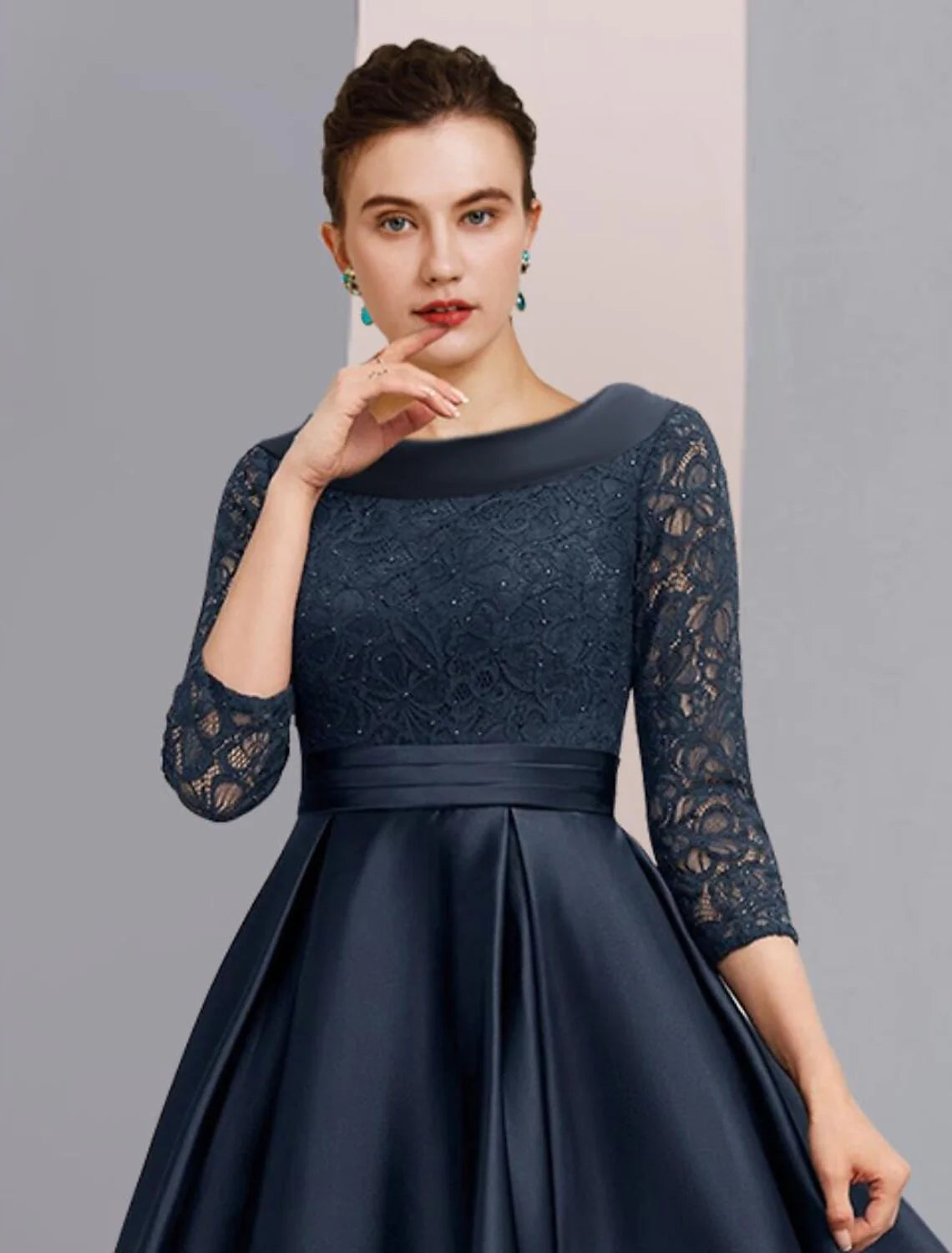 Wholesale A-Line Mother of the Bride Dress Formal Wedding Guest Elegant Vintage Bateau Neck Ankle Length Satin Lace 3/4 Length Sleeve with Pleats Ruched