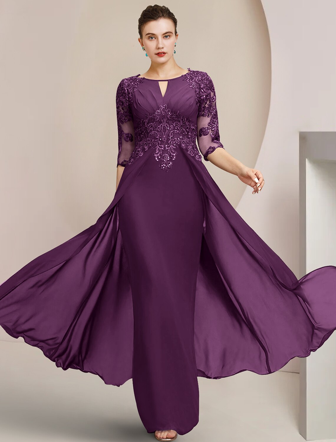 Wholesale Sheath / Column Mother of the Bride Dress Formal Wedding Guest Elegant Scoop Neck Floor Length Chiffon Lace Half Sleeve with Sequin Appliques