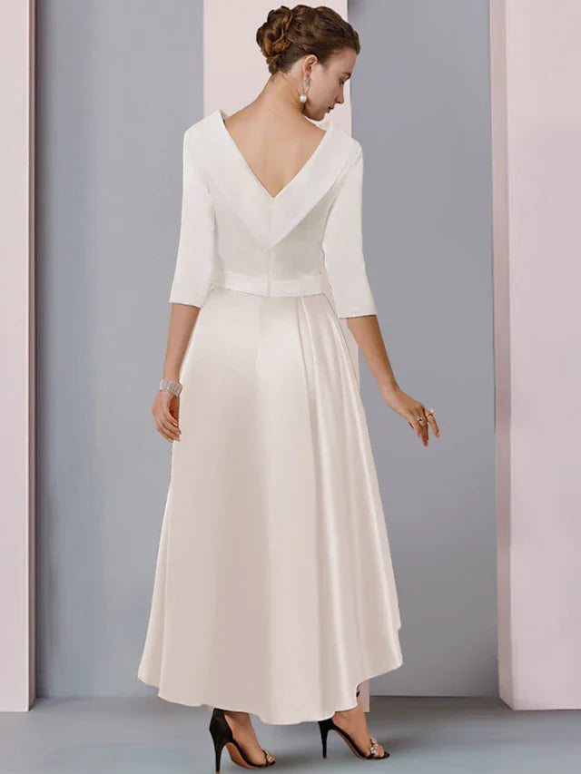 Wholesale A-Line Mother of the Bride Dress Wedding Guest Elegant High Low Scoop Neck Asymmetrical Tea Length Satin Half Sleeve with Pleats Color Block