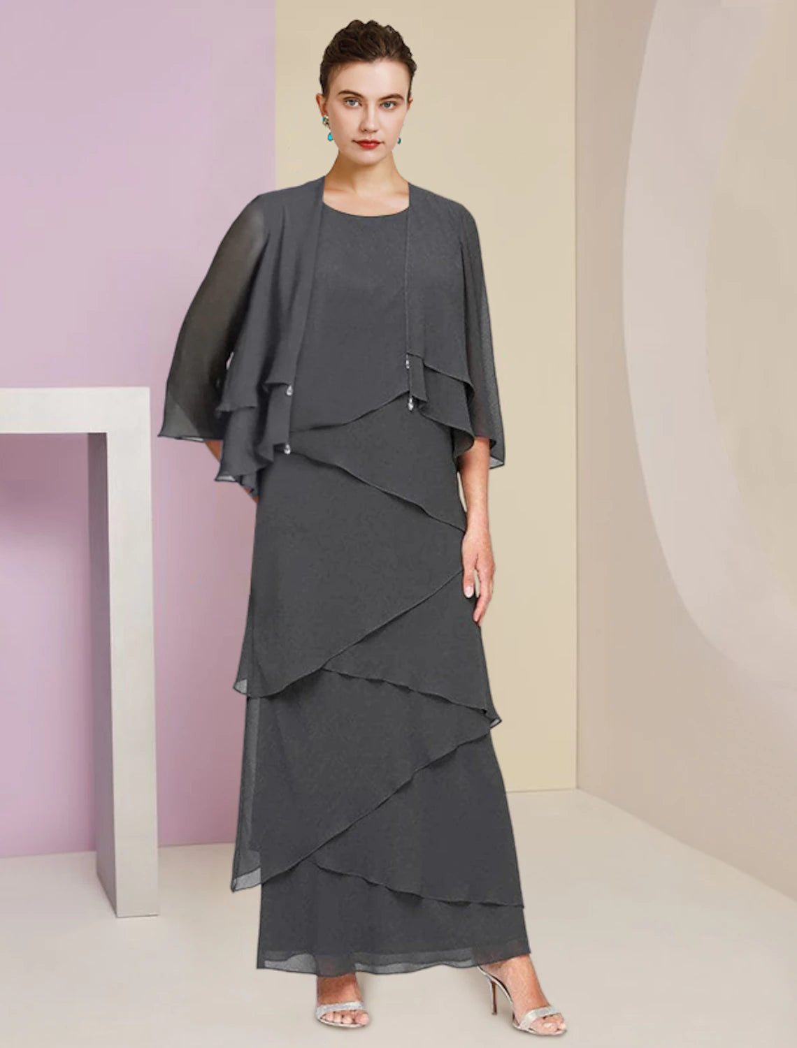 Wholesale  Sheath / Column Mother of the Bride Dress Formal Wedding Guest Elegant Scoop Neck Ankle Length Chiffon Sleeveless Wrap Included with Cascading Ruffles