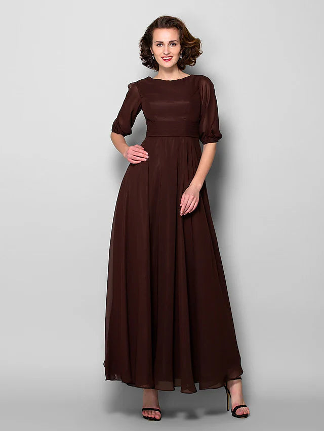 Wholesale A-Line Mother of the Bride Dress Elegant Jewel Neck Ankle Length Chiffon Half Sleeve with Sash / Ribbon Ruched